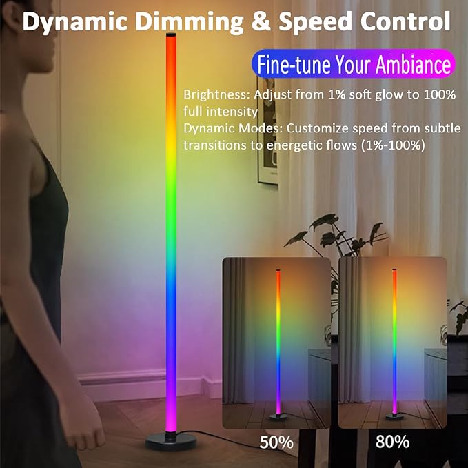 ICRGB Floor Lamp, Smart LED Corner Standing Light, 123.5cm, USB Powered, App & Remote Control, 16 Million Colors, for Bedroom Living Room Gaming Room Decor