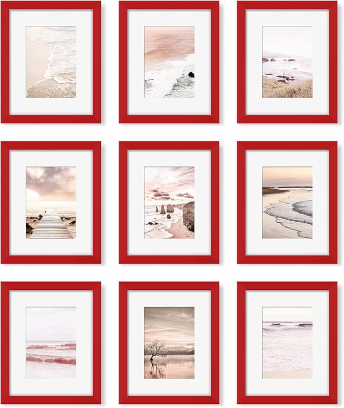 YESKAY 8x10 Picture Frame Set of 9, Display Pictures 5x7 with Mat or 8 x 10 Without Mat, Multi Photo Frames for Wall Mounting or Table Top Display, Red