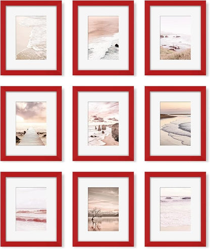 YESKAY 8x10 Picture Frame Set of 9, Display Pictures 5x7 with Mat or 8 x 10 Without Mat, Multi Photo Frames for Wall Mounting or Table Top Display, Red