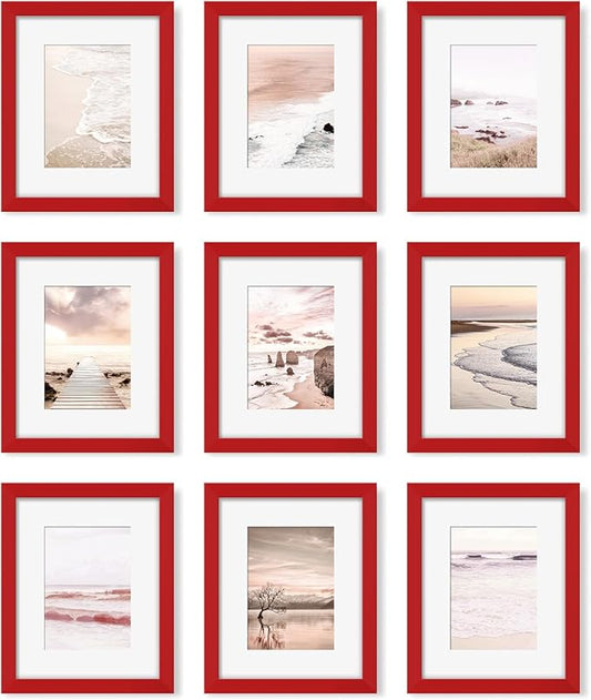 YESKAY 8x10 Picture Frame Set of 9, Display Pictures 5x7 with Mat or 8 x 10 Without Mat, Multi Photo Frames for Wall Mounting or Table Top Display, Red