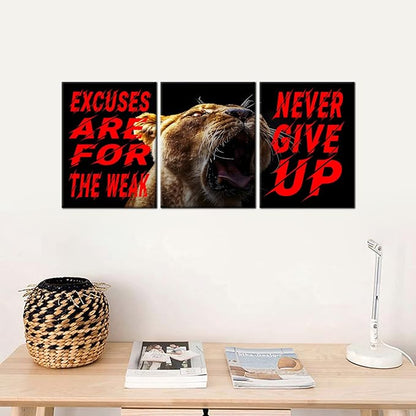 Inspirational Quotes Excuses Are for the Weak Motivational Wall Art Never Give up Poster Painting 3 Pieces Canvas Print Framed for Office Decoration Ready to Hang [36''W X 16''H]