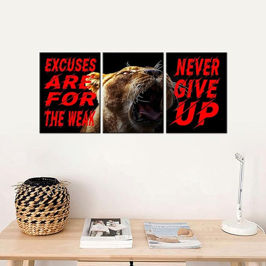 Inspirational Quotes Excuses Are for the Weak Motivational Wall Art Never Give up Poster Painting 3 Pieces Canvas Print Framed for Office Decoration Ready to Hang [36''W X 16''H]