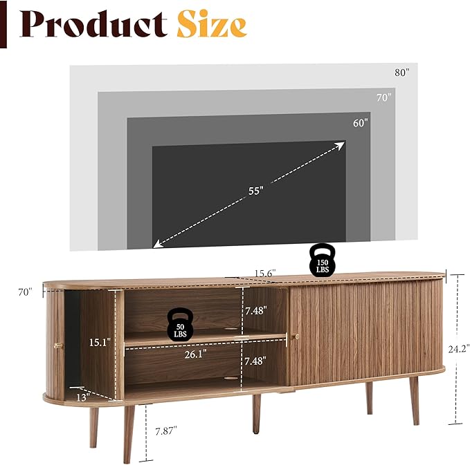 AMERLIFE 70" Mid-Century Modern TV Stand, TV Console Table for TVs up to 80 Inch, Fluted Wood Media Console with Storage, Solid Wood Legs, Walnut