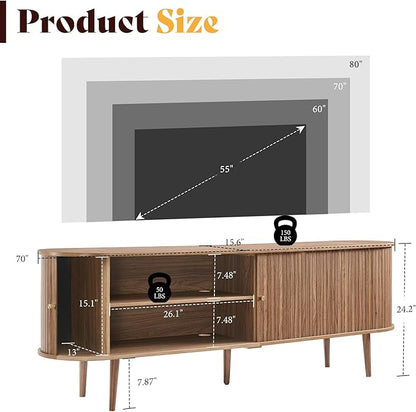 AMERLIFE 70" Mid-Century Modern TV Stand, TV Console Table for TVs up to 80 Inch, Fluted Wood Media Console with Storage, Solid Wood Legs, Walnut