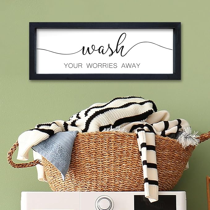 Wash Your Worries Away Sign Funny Laundry Room Wall Decor 16"×6" Rustic Bathroom Small Wooden Framed Wall Hanging Art (Black)