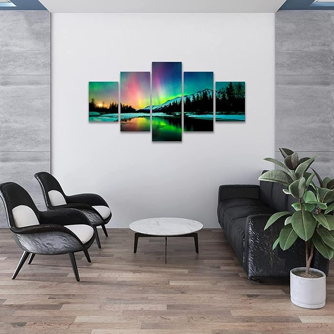 SKASNFAI Northern Lights Wall Art Alaska Posters Canvas Landscape Artworks for Living Room Mountains Picture Office Wall Decor for Bedroom (60Wx32H)