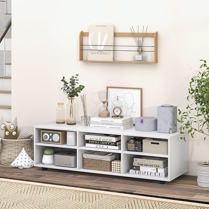 Tangkula White TV Stand for TV up to 55 Inch, TV Console Table with 6 Cubbies, 5 Positions Adjustable Shelves, Wood Media Entertainment Center for Living Room (Modern, 45", TVs up to 55")