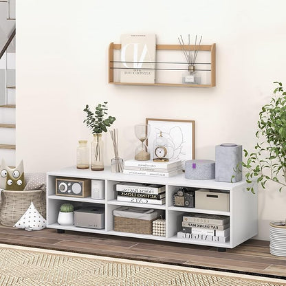 Tangkula White TV Stand for TV up to 55 Inch, TV Console Table with 6 Cubbies, 5 Positions Adjustable Shelves, Wood Media Entertainment Center for Living Room (Modern, 45", TVs up to 55")