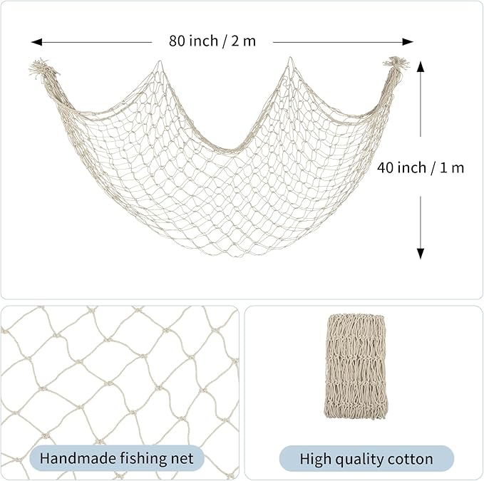 Decorative Fishing Net 2 Pack, Patioland 80x40 Inch Large Beige Fish Net Decor for Wall, Photo Display, Nautical Mermaid Pirate Ocean Themed Beach Hawaii Under the Sea Party Decorations