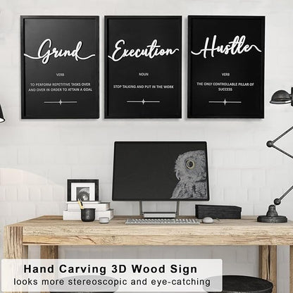 3D Wood Office Wall Art, Framed Grind Hustle Success Inspirational Wall Art, Motivational Wall Decor for Office Bedroom(Ready to Hang, 12x16 inches, Set of 3, Framed)