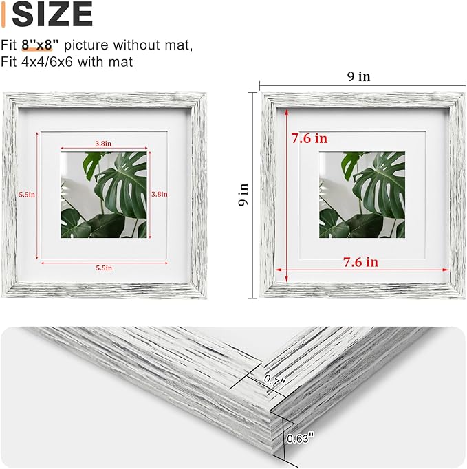Egofine 8x8 Picture Frame Made of Solid Wood with Plexiglass, Display Pictures 4x4/6x6 with Mat or 8x8 Without Mat Set of 4 for Tabletop and Wall Mounting, Driftwood White