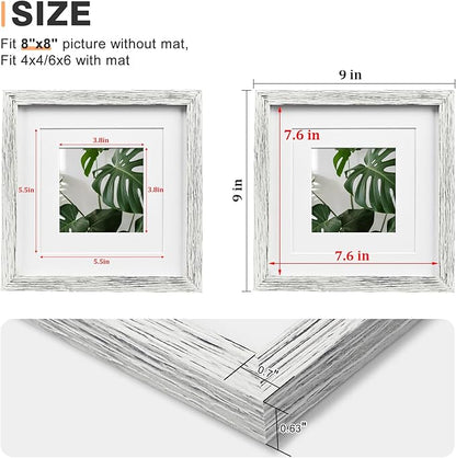 Egofine 8x8 Picture Frame Made of Solid Wood with Plexiglass, Display Pictures 4x4/6x6 with Mat or 8x8 Without Mat Set of 4 for Tabletop and Wall Mounting, Driftwood White
