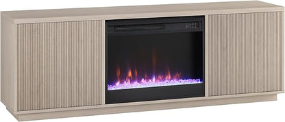 Henn&Hart Fluted TV Stand for TVs up to 75" with 26" Electric Crystal Rocks Fireplace and Ribbed Side Storage Cabinets for Living Room, Family Room, or Office, Beech White