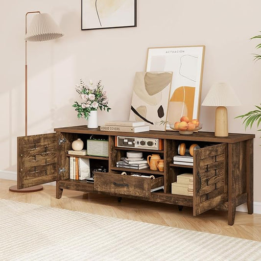 Giantex Farmhouse TV Stand for 65 Inch TVs, 59" Wood Entertainment Center with 2 Woven Accent Doors, Storage Drawer & 3 Adjustable Shelves, Media Console Table for Living Room, Bedroom (Rustic Brown)