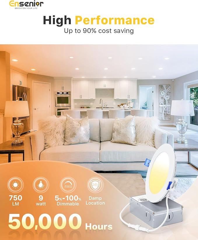 Ensenior 4 Pack 4 Inch LED Recessed Light, Dimmable, 2700K-5000K 5CCT, 750LM High Brightness, 9W 120V, Damp Rated, Ultra-Thin Canless Wafer Ceiling Light - ETL & FCC & IC