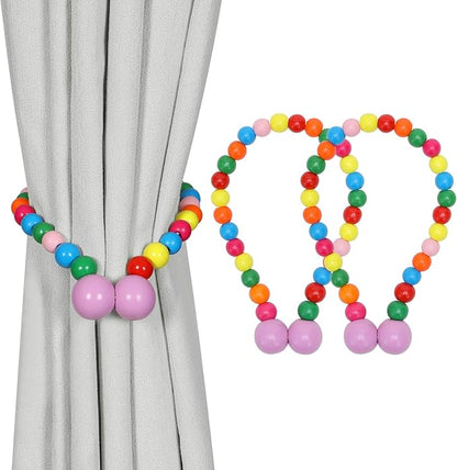KLOGTSIND Magnetic Curtain Tiebacks, Curtain Tie Backs for Curtains 2 Pack, Wood Bead Curtain Tiebacks, Curtain Holders for Boho Bedroom Decor, Baby Nursery Decor, Farmhouse Décor