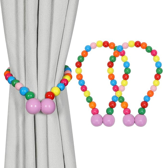 KLOGTSIND Magnetic Curtain Tiebacks, Curtain Tie Backs for Curtains 2 Pack, Wood Bead Curtain Tiebacks, Curtain Holders for Boho Bedroom Decor, Baby Nursery Decor, Farmhouse Décor