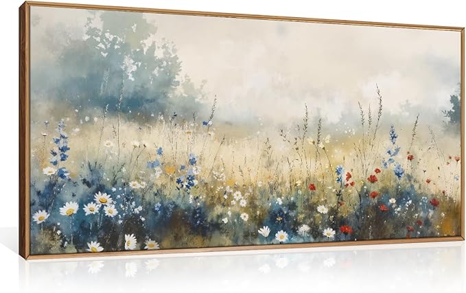 Celestdeco Nature Wildflower Framed Canvas Wall Art Set, Pastoral Landscape Wall Decor, Colorful Meadow Wall Painting, Rustic Floral Art Print for Living Room, Bedroom, Office-20 X40