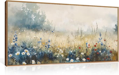 Celestdeco Nature Wildflower Framed Canvas Wall Art Set, Pastoral Landscape Wall Decor, Colorful Meadow Wall Painting, Rustic Floral Art Print for Living Room, Bedroom, Office-20 X40