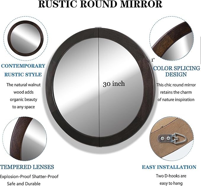 CULER Round Mirrors 30 Inch,Wood Vanity Wall Rustic Mirror with Wood Frame, Wooden Circle Mirror for Bathroom Bedroom Living Room Or Entryway(Dark Walnut Brown)