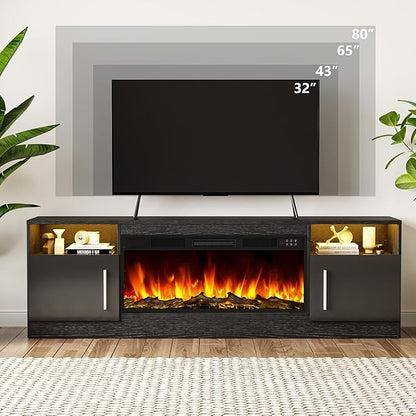 Tavata Fireplace TV Stand Entertainment Center with 36" Fireplace, 70" Wooden TV Stand for TVs Up to 80", Media TV Console with High Gloss Storage Cabinet and 16 Colors LED Lights (Black)