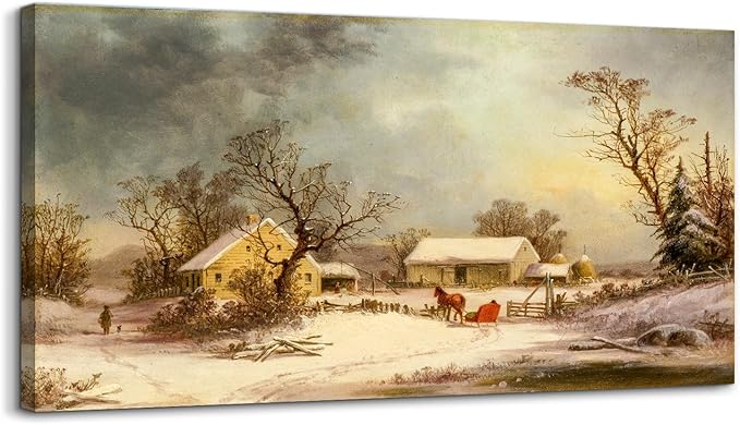crmotu Winter Wall Art, Canvas Wall Art Landscape, Large Wall Decor, Rustic Farmhouse Wall Decor, Warm Country Vintage Paintings for Living Room Bedroom Above Bed Hallway Office Art Prints 24"X48"