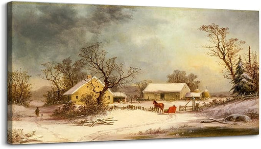 crmotu Winter Wall Art, Canvas Wall Art Landscape, Large Wall Decor, Rustic Farmhouse Wall Decor, Warm Country Vintage Paintings for Living Room Bedroom Above Bed Hallway Office Art Prints 24"X48"