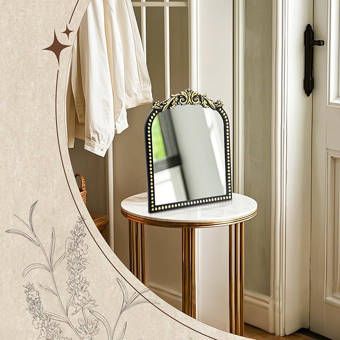 Vintage Vanity Makeup Mirror, 12.1" x 9.8" Antique Arched Black Table Mirrors for Dresser,Baroque Decor Ornate Standing Mirror for Living Room,Tabletop,Bedroom