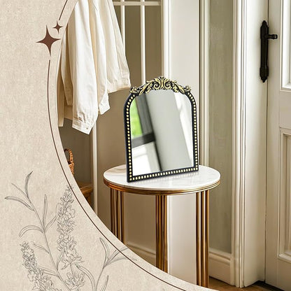 Vintage Vanity Makeup Mirror, 12.1" x 9.8" Antique Arched Black Table Mirrors for Dresser,Baroque Decor Ornate Standing Mirror for Living Room,Tabletop,Bedroom