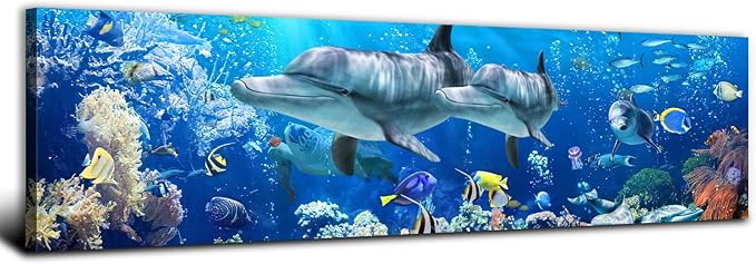 Ocean Dolphin Wall Art for Bathroom Nautical Theme Picture Photo Coastal Room Decor Nature Blue Seascape Painting Prints Under The Sea World Landscape Poster Artwork Living Room Home Decoration 14x48"