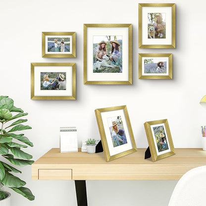 Frametory, Set of 7 Gallery Wall Frame in Gold - Includes 11x14, 8x10, and 5x7 Picture Frames with Ivory Color Mats - Real Glass, Collage Frames for Prints and Photos