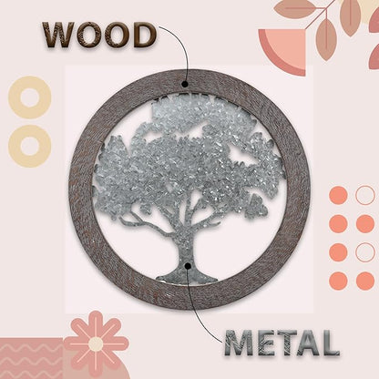 Hosley Metal Tree of Life Wall Art with Wooden Ring 20 Inch Round – Rustic Farmhouse Wall Décor for Living Room, Bathroom, Bedroom, Dining Room – Housewarming Gifts