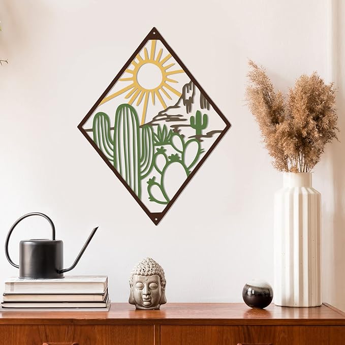 Therwen Metal Cactus Wall Decor Natural Themed Metal Wall Art Plant Modern summer Cactus Decor for Office Home Living Room Bathroom Housewarming(Classic,Colorful)