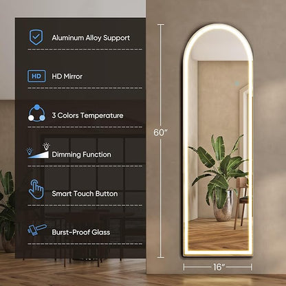 DUMOS Arched LED Mirror Full Length with Stand, 16"×60" Full Body Wall Mirror with LED Lights 3 Color Lighting, Hanging or Leaning, Floor Standing, Modern Simple Home Wall Decor