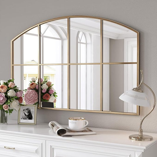 42" x 28" Arched Gold Windowpane Wall Mirror, Grid Wide Brass Window Mirror with Antique Framhouse Style, Large Antique Mirrors for Living Room, Bedroom, Fireplace, Hallway, Entryway