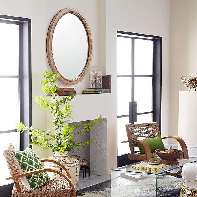 sawsile Round Wood Mirror,32 inch Circle Rustic Farmhouse Natural Wooden Frame Boho Beads Wall Mirror for Bathroom,Living Room,Bedroom or Entryway