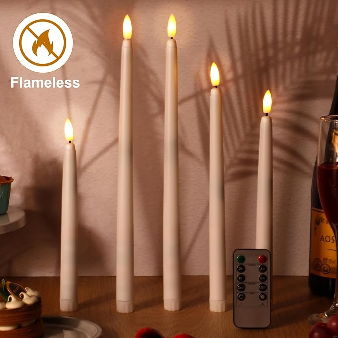 Rossesay 28 Pcs Flameless Taper Candles with Timer Remote 4 Sizes of 8.5", 9.6", 10.83", 12.8" LED Flickering Taper Candles Battery Operated for Valentine's Day Church Wedding Home Decor(White)