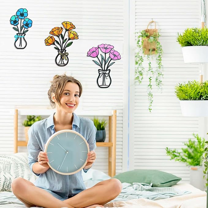 FaloStwer 3 Pieces Metal Vase Flowers Wall Arts Decor, Rustic Farmhouse Style Décor Metal Wall Decors Sculptures, Minimalist Flower Natural Themed Decorations for Home Bedroom Dining Room Housewarming Gifts(Colorful-D)