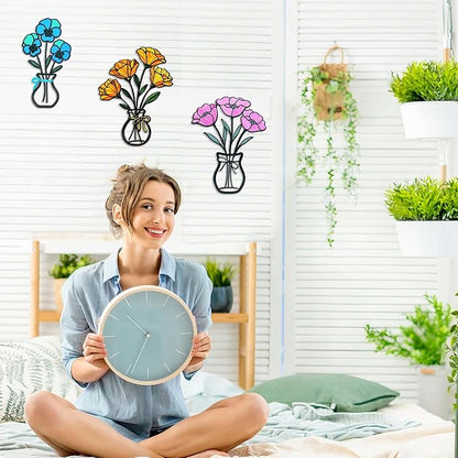 FaloStwer 3 Pieces Metal Vase Flowers Wall Arts Decor, Rustic Farmhouse Style Décor Metal Wall Decors Sculptures, Minimalist Flower Natural Themed Decorations for Home Bedroom Dining Room Housewarming Gifts(Colorful-D)