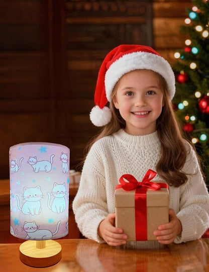 Cat Lamp, Kitty Night Light, 3 Color Changing LED Night Light with 9 Brightness Levels Wood Nightstand Desk Base Flaxen Fabric Shade for Bedroom Living Room (Pink Cat)