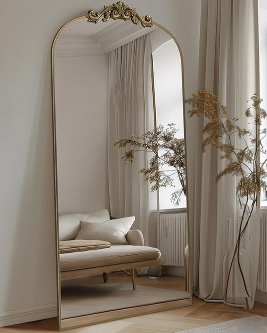 Antok Arched Full Length Mirror, 71"x28" Floor Mirror with Carved Frame, Standing/Wall Hanging Large Mirror for Bedroom, Living Room, Cloakroom, Bronze, Retro Style