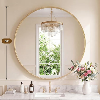 NEWBULIG 30-Inch Round Wall Mirror, Bathroom Wall Circle Mirror with Metal Frame, Bathroom Decor for Entryway, Living Room, Vanity, Gold