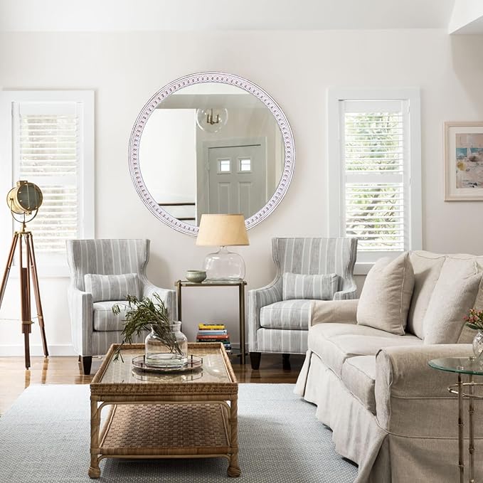 30 Inch Rustic Farmhouse Round Wood Mirror for Wall Decor, Boho Decorative Circle Mirrors for Bathroom Over Sink, Entryway, Living Room& Bedroom