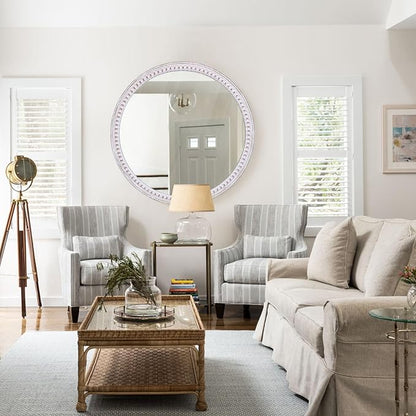 30 Inch Rustic Farmhouse Round Wood Mirror for Wall Decor, Boho Decorative Circle Mirrors for Bathroom Over Sink, Entryway, Living Room& Bedroom