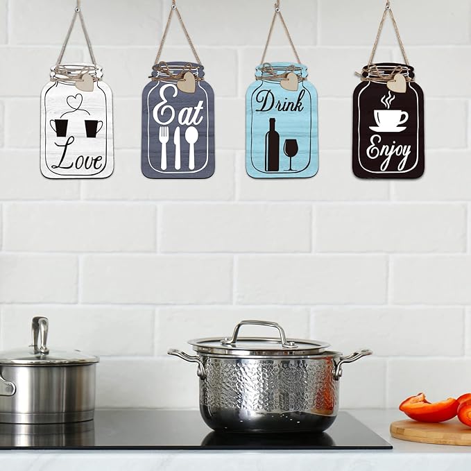 Yalikop 4 Pcs Wooden Kitchen Wall Decor Mason Jar Shaped Eat Drink Enjoy Love Hanging Sign Rustic Home Decor for Farmhouse Dining Room, 8 x 5 Inch(Retro Style,Gray, White, Blue, Dark Brown)
