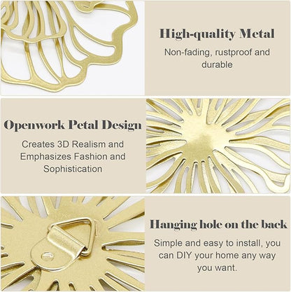 7 Piece Metal Wall Decor for Living Room, Boho Double Layered Iron Flower Wall Hanging Art, Aesthetic Indoor Metal Wall Sculpture Decor for Bedroom Kitchen Bathroom Farmhouse Home Office, Gold-Black