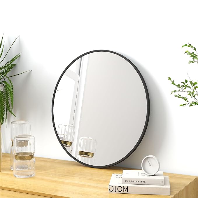 SCWF-GZ 24" Round Mirror Circle Wall Mounted Hanging or Against Wall Aluminum Alloy Metal Frame Dressing Make-up Mirrors for Entryway Bedroom Bathroom Living Room 24 inch Black