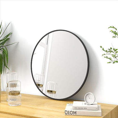 SCWF-GZ 24" Round Mirror Circle Wall Mounted Hanging or Against Wall Aluminum Alloy Metal Frame Dressing Make-up Mirrors for Entryway Bedroom Bathroom Living Room 24 inch Black