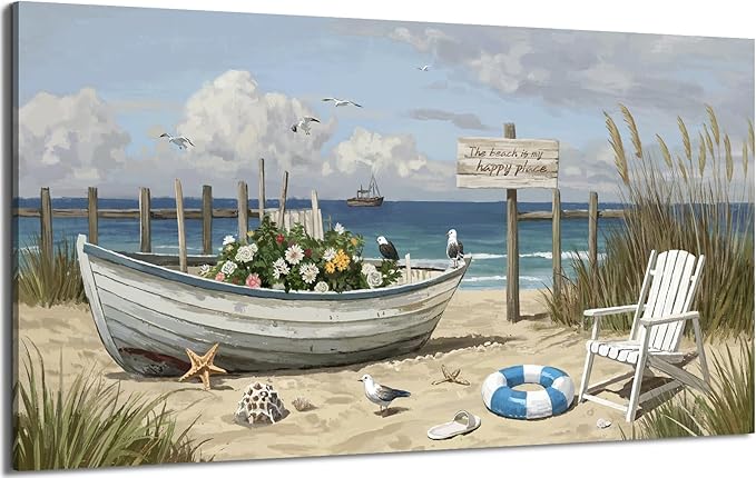 Extra Large Coastal Living Room Wall Art, Featuring A Printed Seaside Landscape, Boats, Beach Chairs, Seagulls, And Natural Wall Decor. A Modern Coastal Artwork For Bedrooms, Dining Rooms, Entryways, And Lounges. 58X29 Inches.