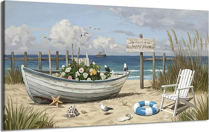 Extra Large Coastal Living Room Wall Art, Featuring A Printed Seaside Landscape, Boats, Beach Chairs, Seagulls, And Natural Wall Decor. A Modern Coastal Artwork For Bedrooms, Dining Rooms, Entryways, And Lounges. 58X29 Inches.